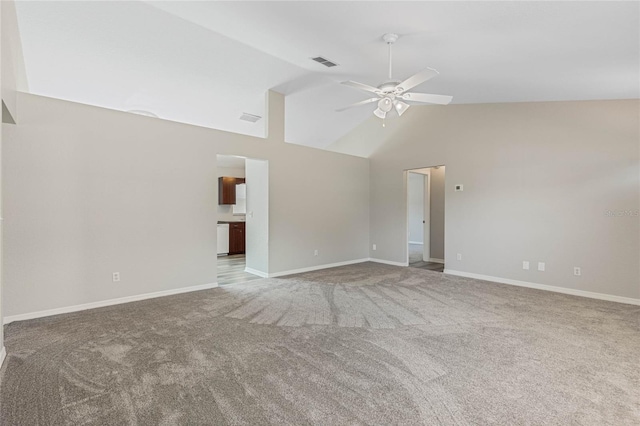 unfurnished room featuring light carpet, visible vents, high vaulted ceiling, and ceiling fan