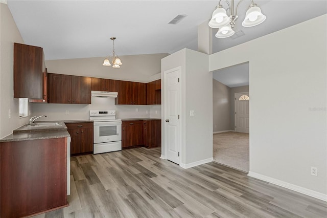 kitchen featuring visible vents, an inviting chandelier, a sink, electric stove, and under cabinet range hood