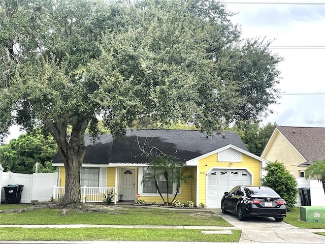 single story home featuring a front yard, an attached garage, fence, and driveway