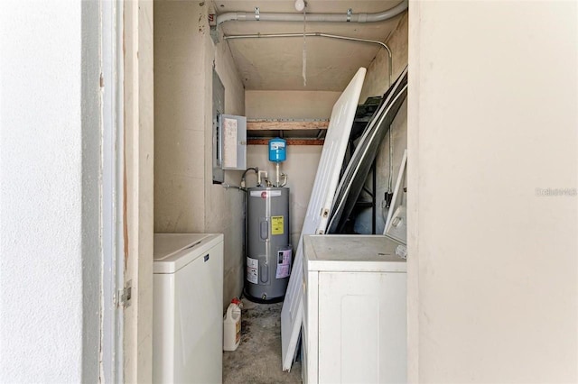 laundry room with electric water heater, laundry area, and washer and clothes dryer