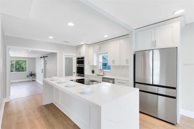 kitchen featuring light wood finished floors, a sink, stainless steel appliances, white cabinetry, and a barn door