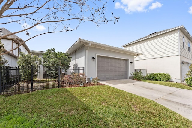 view of side of home with fence, driveway, an attached garage, stucco siding, and a lawn