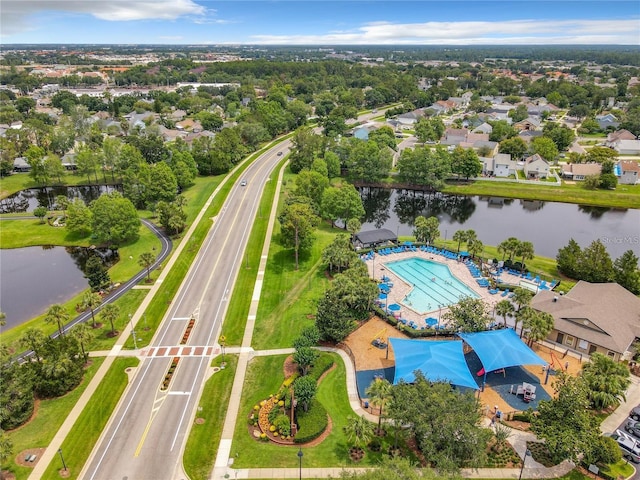 aerial view with a residential view and a water view