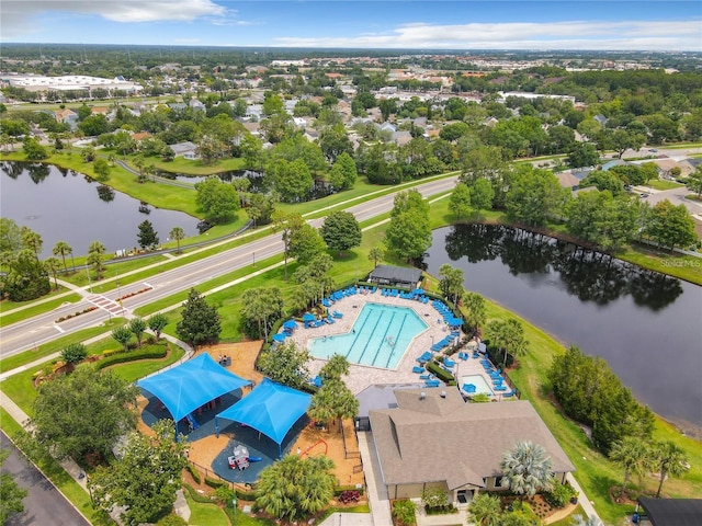 birds eye view of property featuring a water view