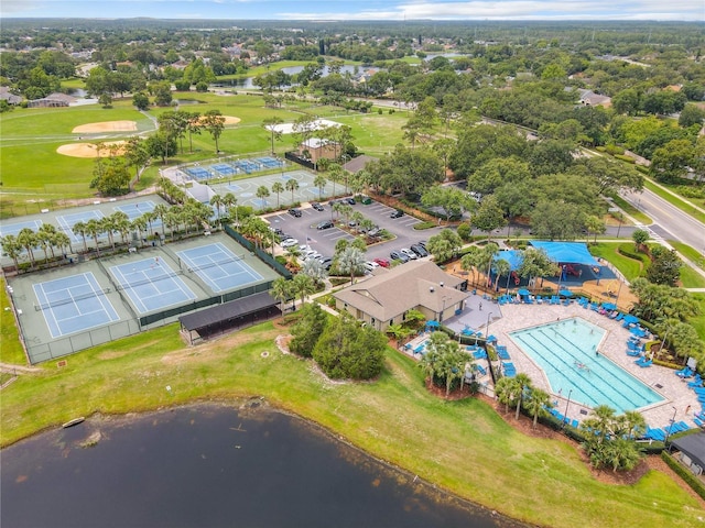 aerial view featuring a water view and golf course view