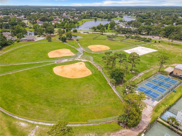 bird's eye view with a water view