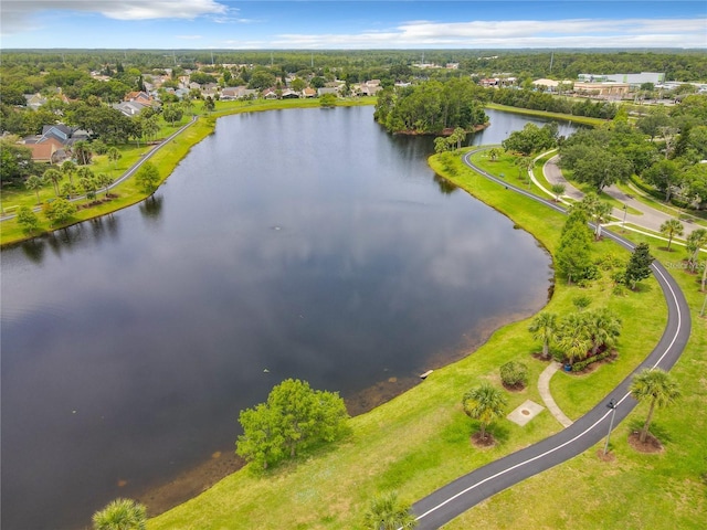 drone / aerial view with a water view