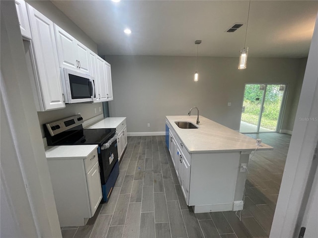 kitchen with a sink, electric range, wood finish floors, and white microwave