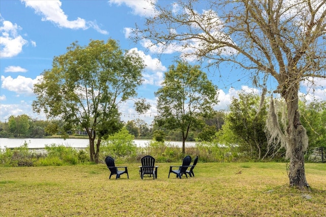 view of home's community featuring a lawn and a water view