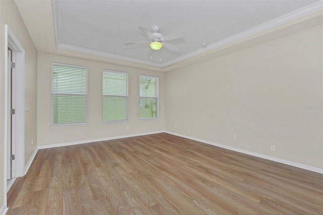 spare room featuring light wood-type flooring, a raised ceiling, plenty of natural light, and ornamental molding