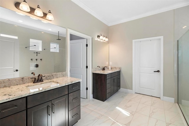 bathroom with a sink, marble finish floor, ornamental molding, and a walk in shower