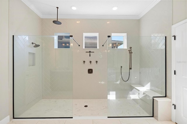 full bath featuring walk in shower and ornamental molding