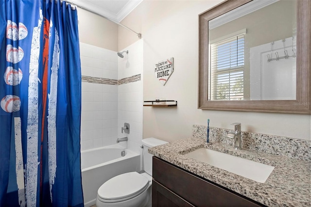 full bath featuring vanity, toilet, shower / tub combo with curtain, and crown molding