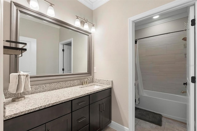 full bathroom with vanity, baseboards, shower / bath combo, ornamental molding, and tile patterned floors