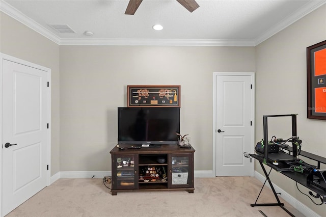 office with carpet, baseboards, and ceiling fan