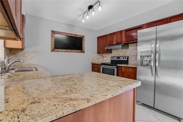 kitchen with a peninsula, a sink, under cabinet range hood, appliances with stainless steel finishes, and backsplash