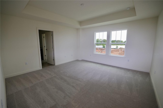 unfurnished room with a tray ceiling, baseboards, and carpet floors