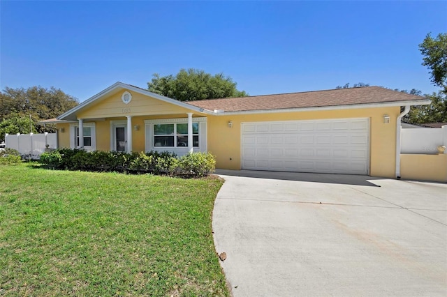 single story home featuring fence, a garage, driveway, and stucco siding