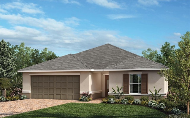 ranch-style house featuring stucco siding, decorative driveway, roof with shingles, and an attached garage