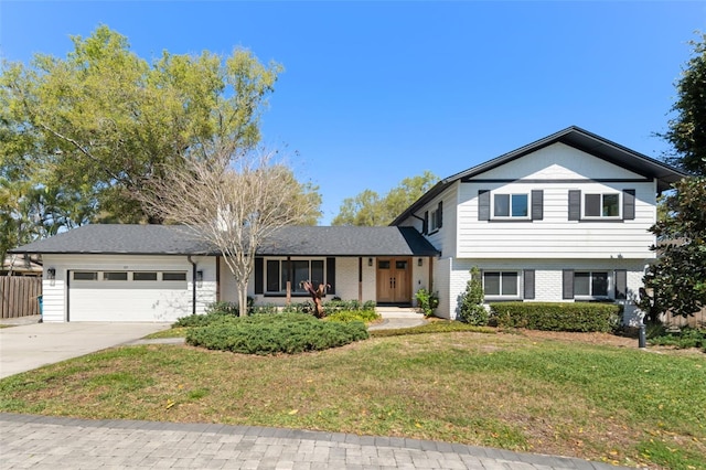 split level home with a front lawn, fence, concrete driveway, an attached garage, and brick siding