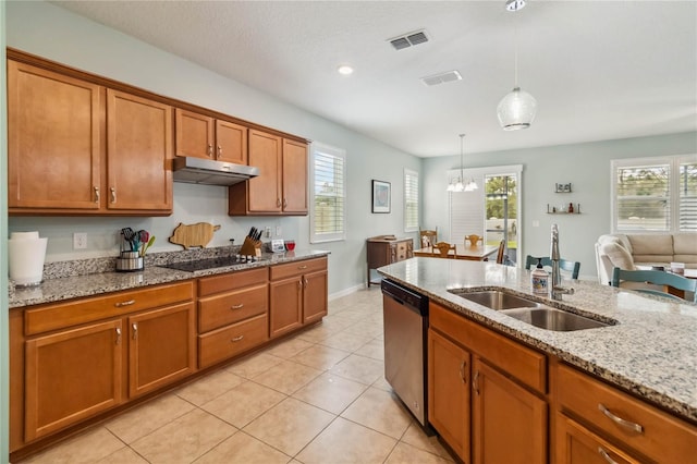 kitchen featuring visible vents, a sink, under cabinet range hood, black electric stovetop, and dishwasher