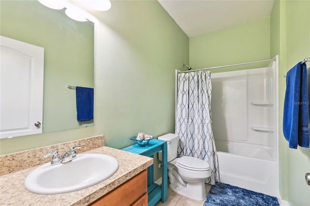 full bath featuring vanity, shower / tub combo, toilet, and tile patterned flooring