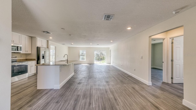 5963 Virtudes St, Sebring, FL 33872 - kitchen featuring stainless steel appliances, open floor plan, wood finished floors, a textured ceiling, and recessed lighting