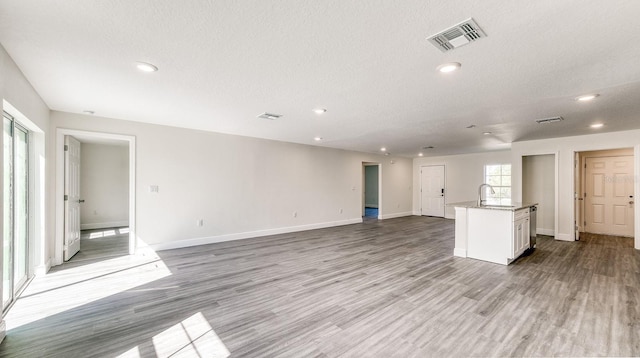 5963 Virtudes St, Sebring, FL 33872 - unfurnished living room with a sink, light wood finished floors, baseboards, recessed lighting, and a textured ceiling