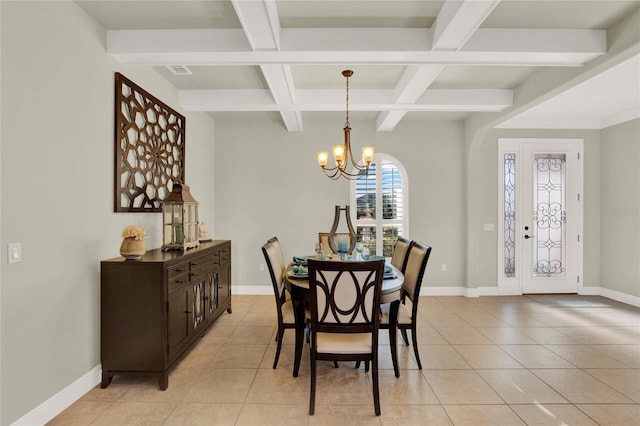 dining room with a chandelier, visible vents, baseboards, and light tile patterned floors