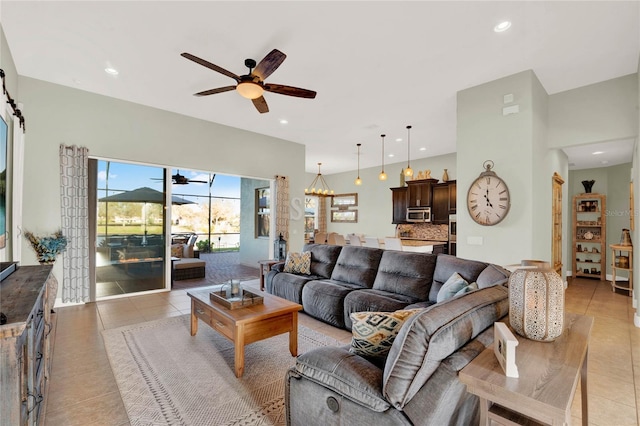 living room featuring light tile patterned floors, recessed lighting, and a ceiling fan