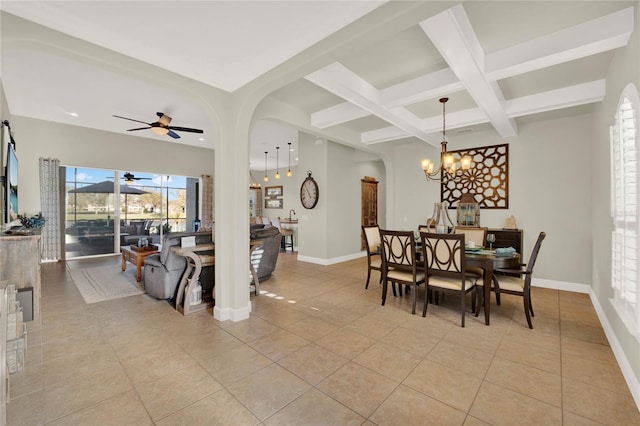 dining space with light tile patterned floors, beamed ceiling, baseboards, and coffered ceiling