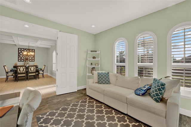 living room featuring beam ceiling, recessed lighting, baseboards, and coffered ceiling