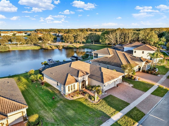 drone / aerial view featuring a water view