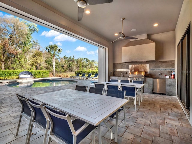 view of patio with a ceiling fan, area for grilling, outdoor dining area, an outdoor pool, and grilling area