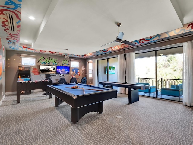 recreation room with a wealth of natural light, recessed lighting, a ceiling fan, and carpet floors