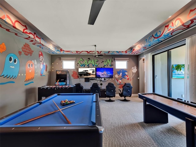 playroom with a wealth of natural light, carpet floors, and billiards