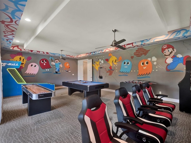 recreation room with recessed lighting, billiards, ceiling fan, and carpet flooring