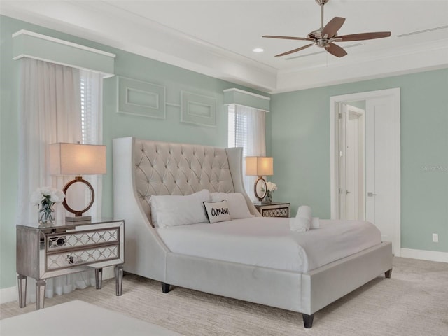 bedroom with crown molding, baseboards, carpet floors, recessed lighting, and a ceiling fan