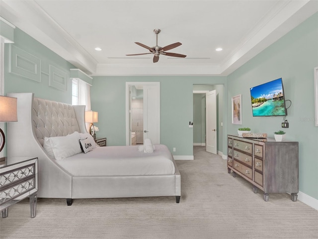 bedroom with recessed lighting, light colored carpet, baseboards, and ornamental molding