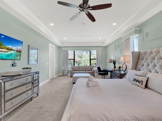 bedroom with a ceiling fan, recessed lighting, light colored carpet, and baseboards