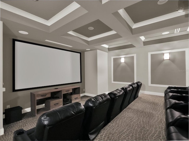 cinema featuring beamed ceiling, baseboards, coffered ceiling, and carpet flooring