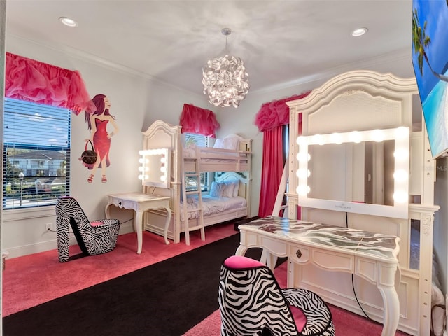 bedroom with recessed lighting, carpet floors, a notable chandelier, and crown molding