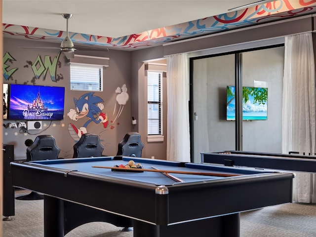 playroom featuring billiards and carpet floors