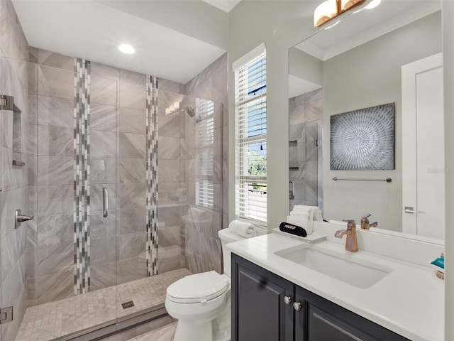 bathroom with toilet, recessed lighting, a shower stall, crown molding, and vanity