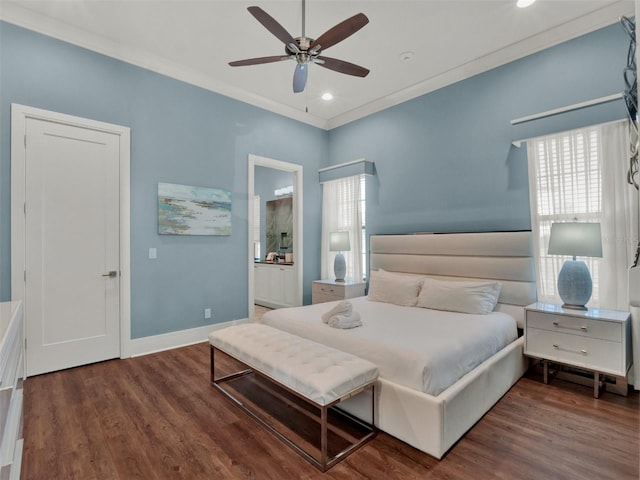 bedroom featuring recessed lighting, wood finished floors, baseboards, and ornamental molding