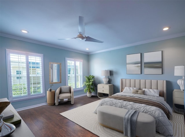 bedroom with dark wood finished floors, crown molding, and baseboards