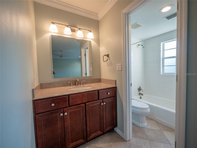 bathroom featuring tile patterned floors, toilet, visible vents, and ornamental molding