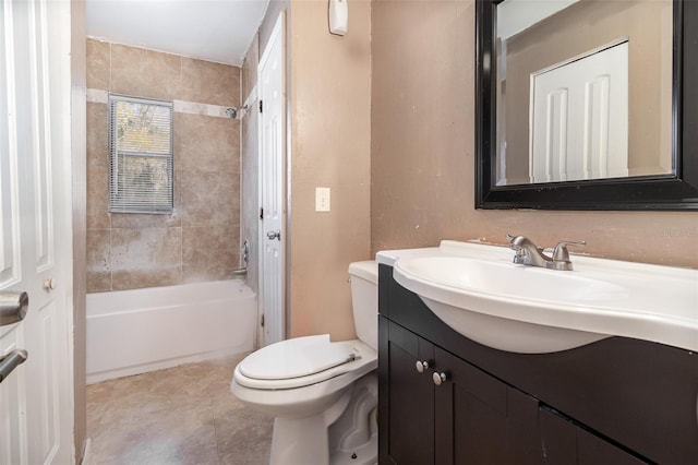 bathroom featuring vanity,  shower combination, toilet, and tile patterned flooring