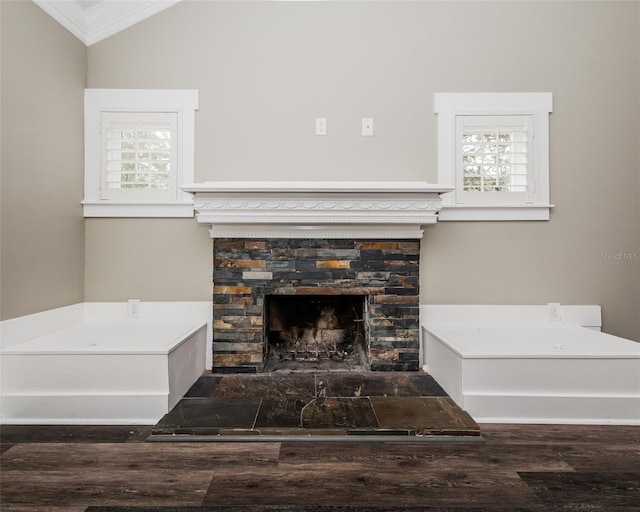 details with wood finished floors, a fireplace, and crown molding