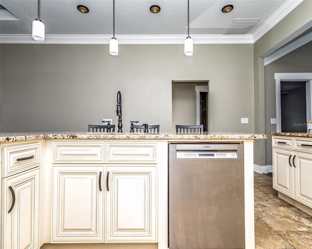 kitchen with light stone counters, decorative light fixtures, cream cabinets, a textured ceiling, and dishwasher